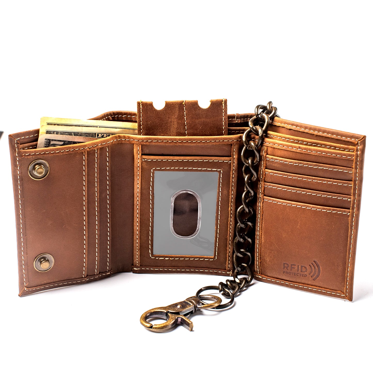 Trifold Chain Wallet for Men RFID Leather Snap Closer