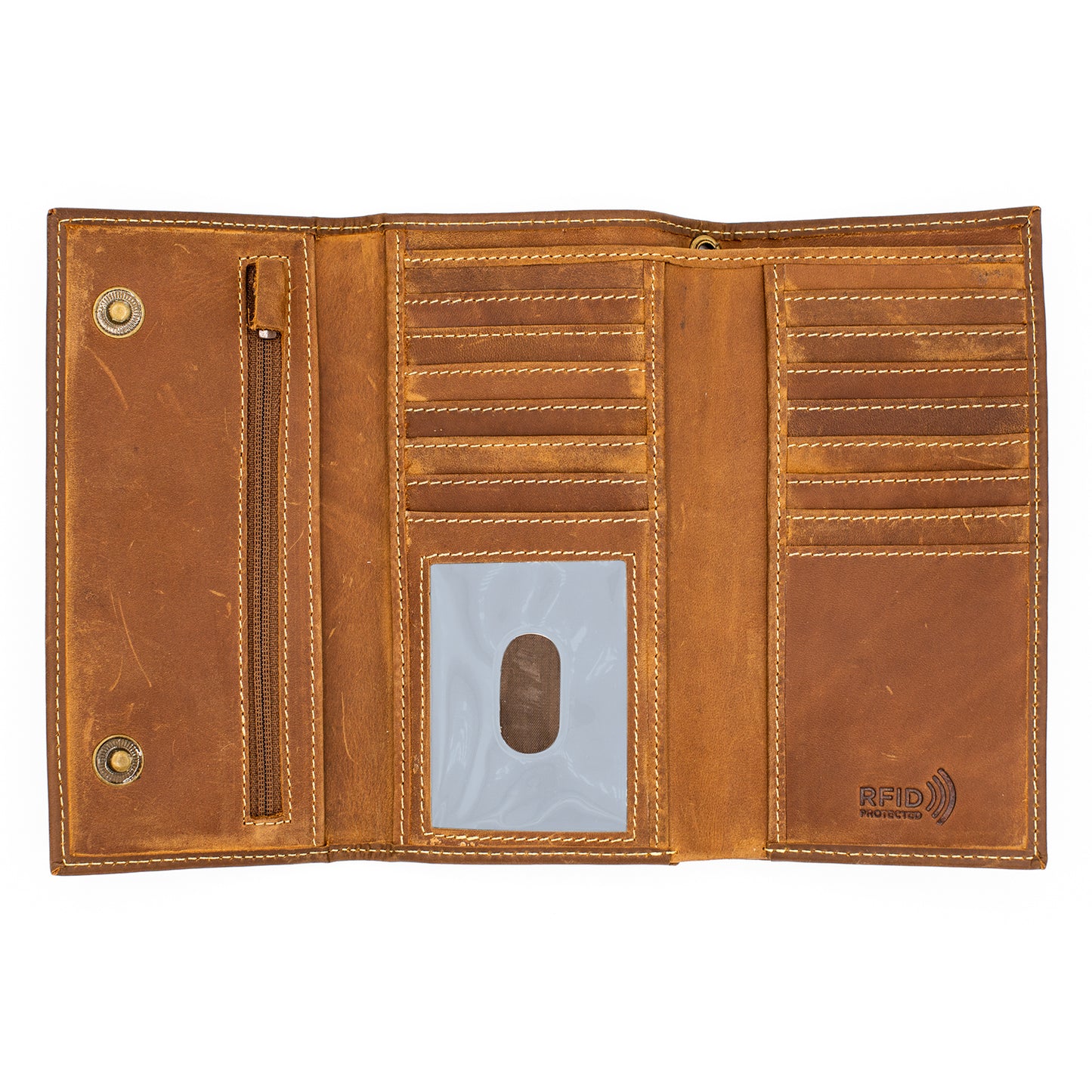 RFID Safe checkbook Size Trifold Long Wallet Genuine Leather