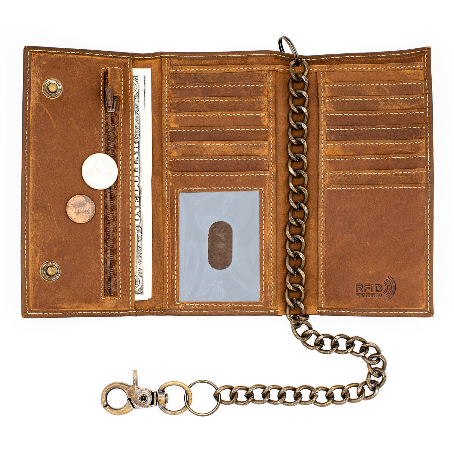 Long Tri-fold Chain Wallet with Snap RFID Safe