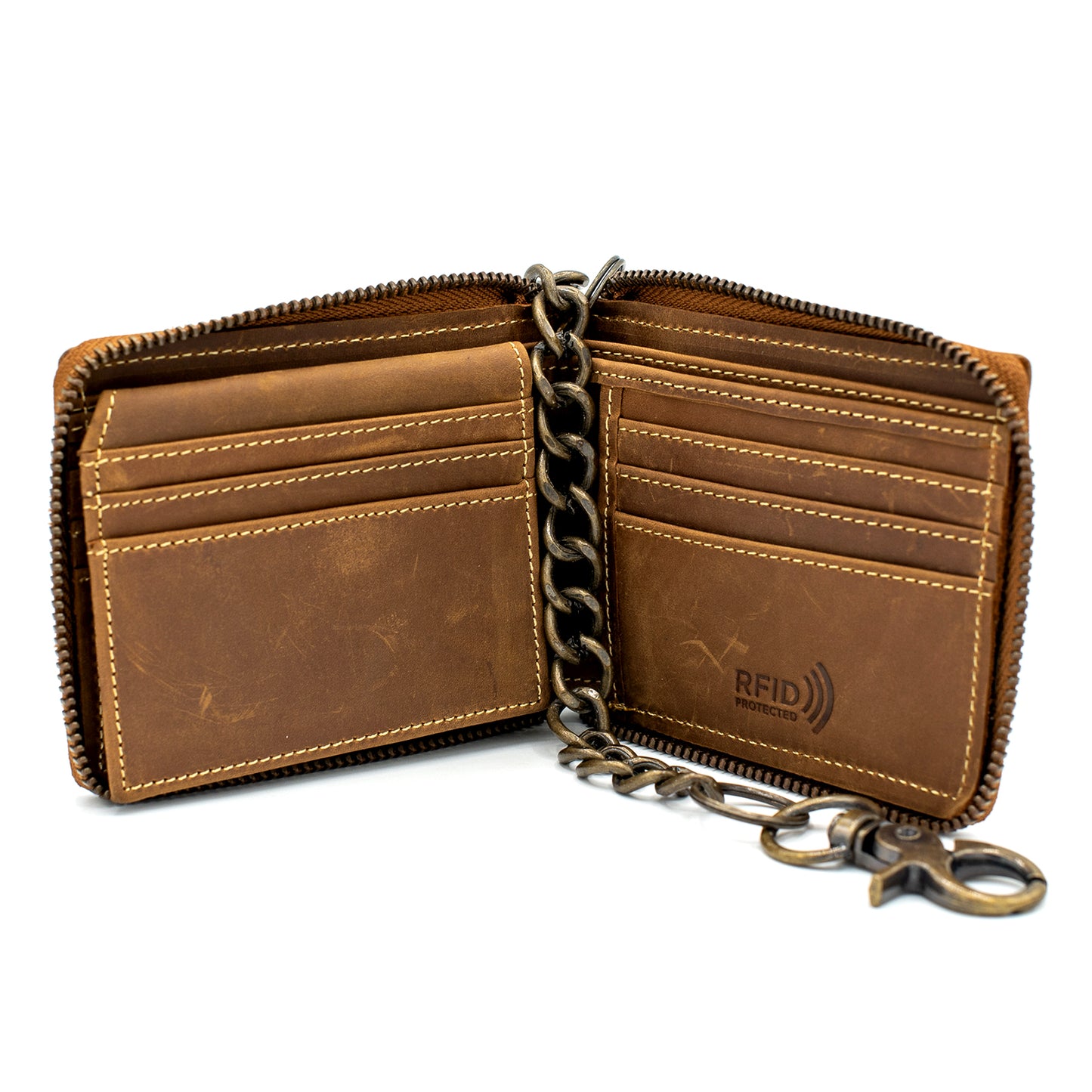 Zip Around chain Wallet for Men RFID Leather  Bifold