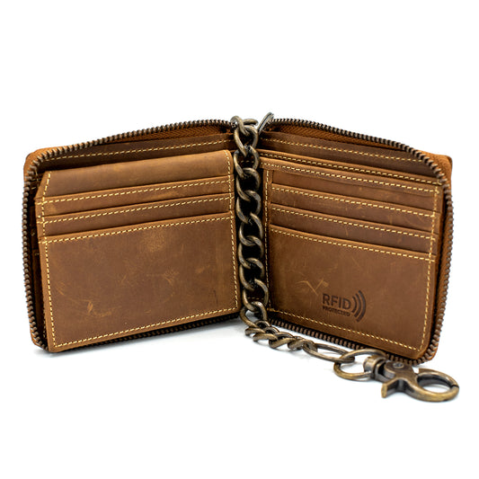 Zip Around chain Wallet for Men RFID Leather Bifold