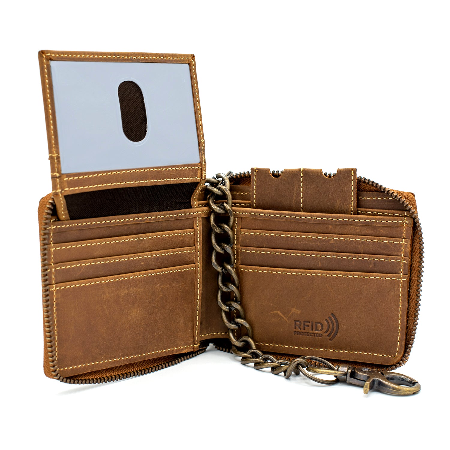 Zip Around chain Wallet for Men RFID Leather  Bifold