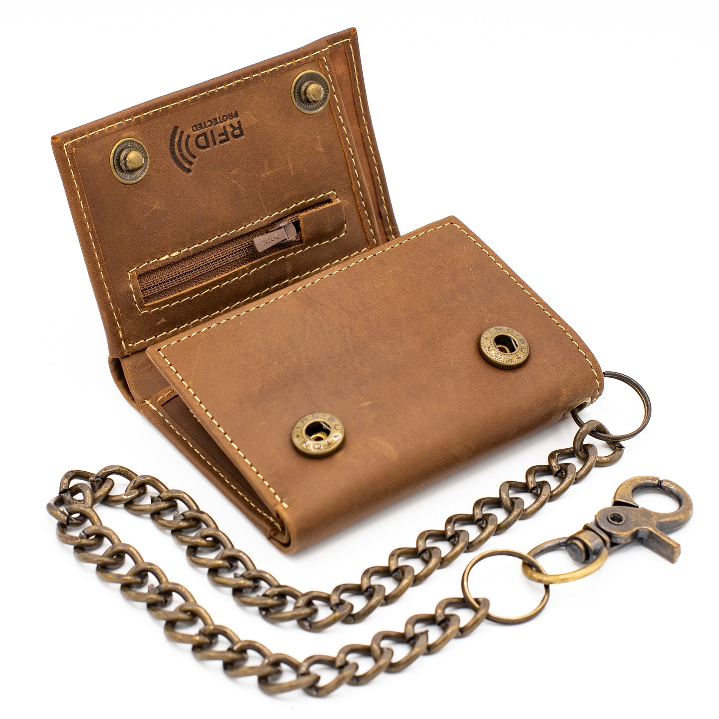 Biker Trifold Chain Wallet with Snaps RFID Safe Leather