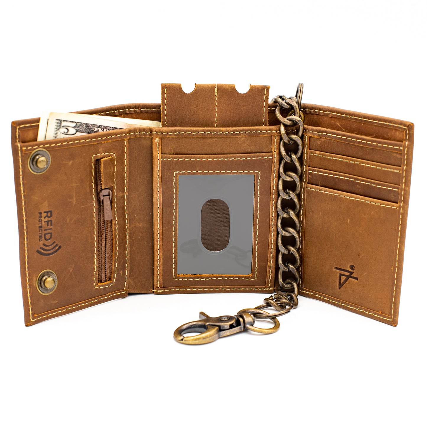 Trifold Chain Wallet with Snaps RFID Leather Wallet