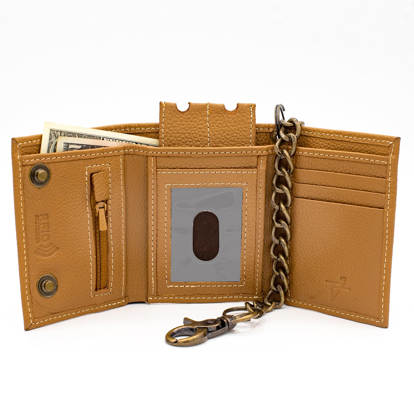 Trifold Chain Wallet with Snaps RFID Leather Wallet