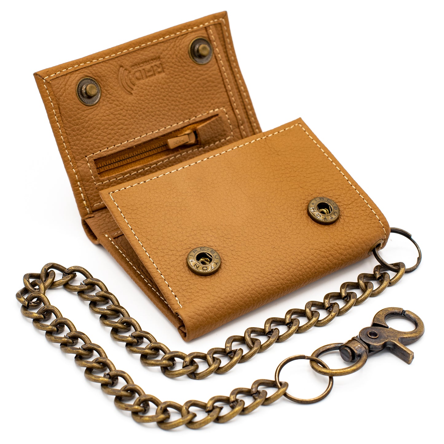 Trifold Chain Wallet with Snaps RFID Leather Wallet