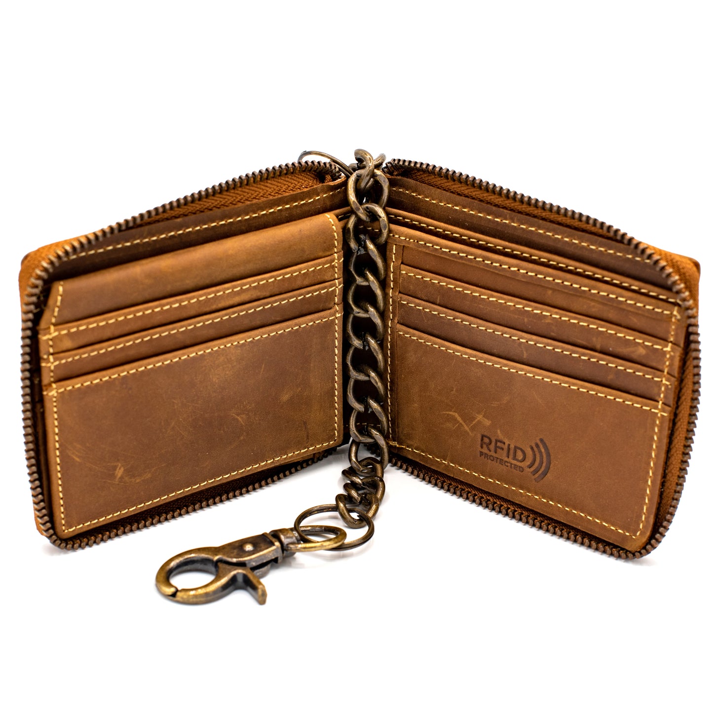 Zip Around chain Wallet for Men RFID Leather  Bifold