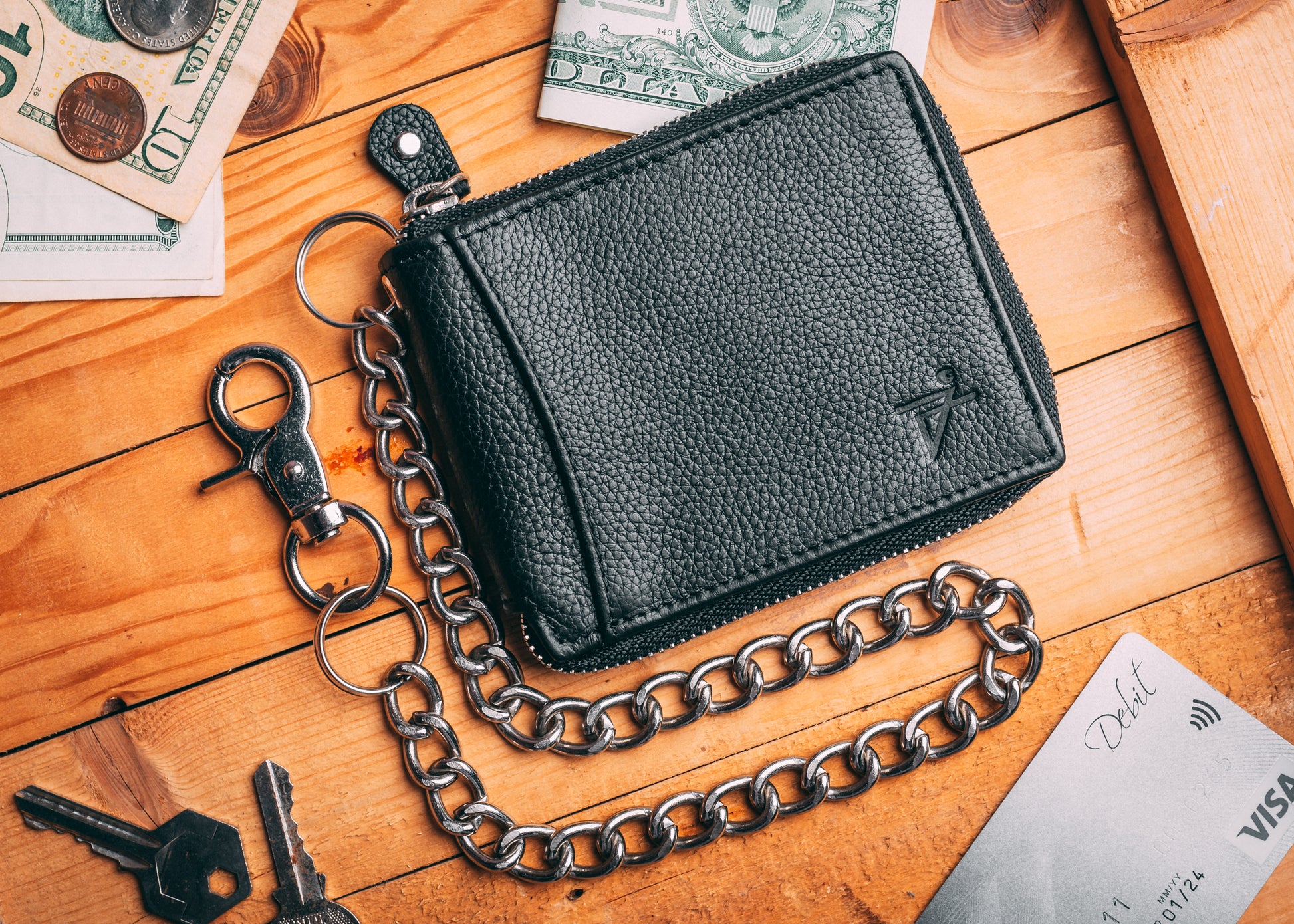 Zip Around chain Wallet for Men RFID Leather  Bifold