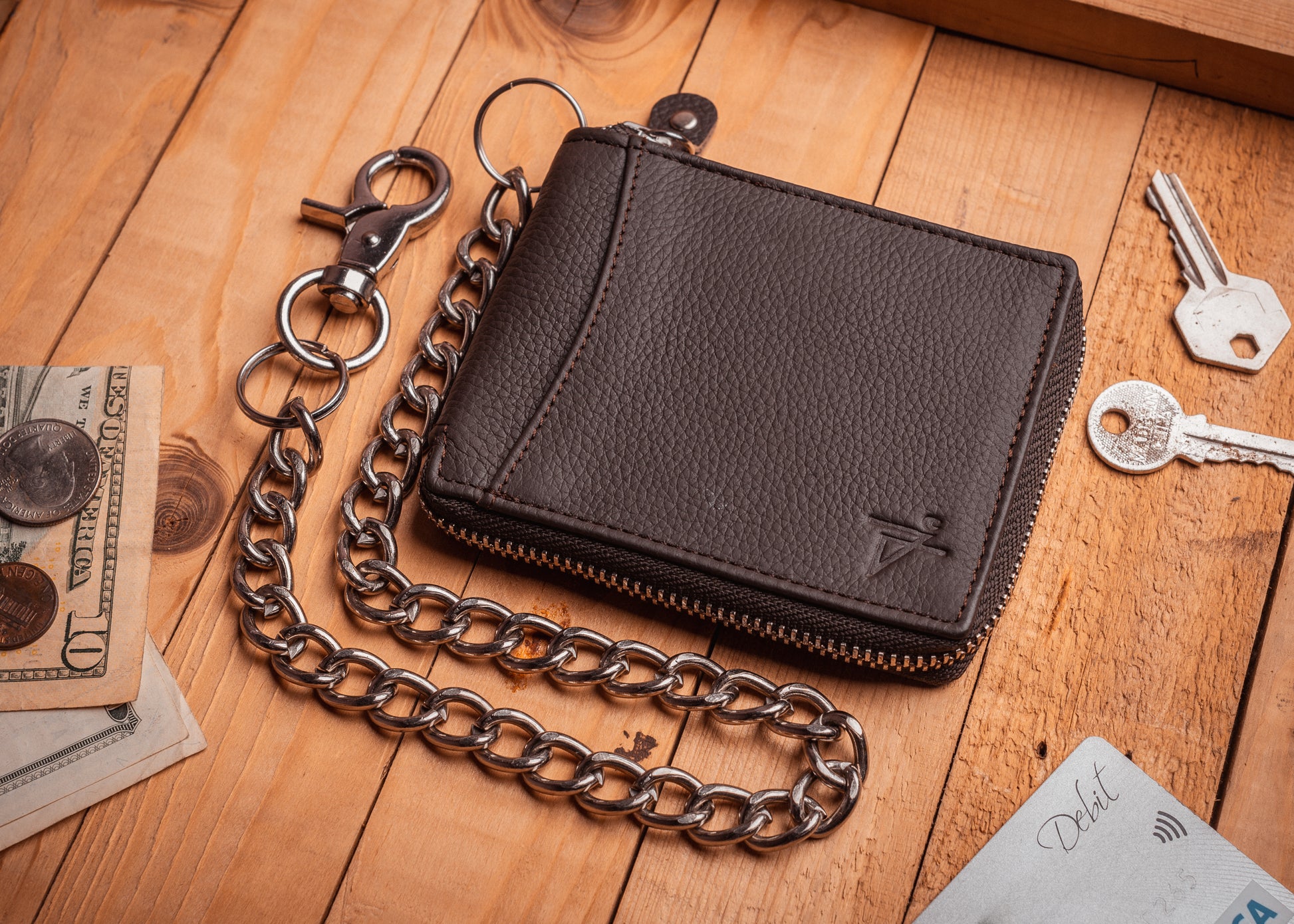 Zip Around chain Wallet for Men RFID Leather  Bifold