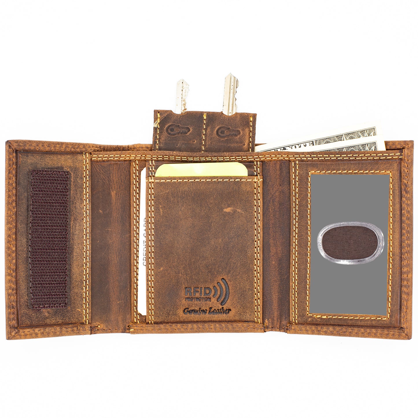 Men's Leather Trifold Wallet Velcro Closed RFID Blocking