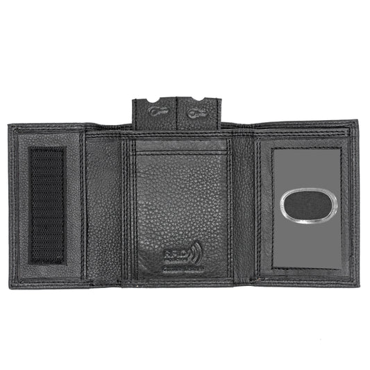 Men's leather trifold wallet interior with ID window and card slots
