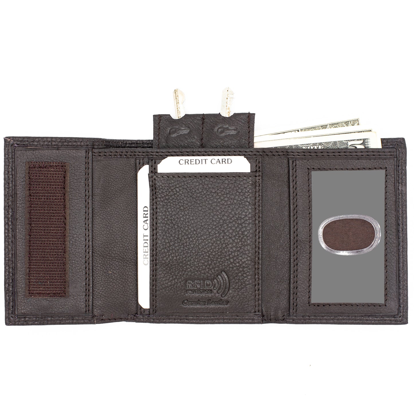 Men's Leather Trifold Wallet Velcro Closed RFID Blocking