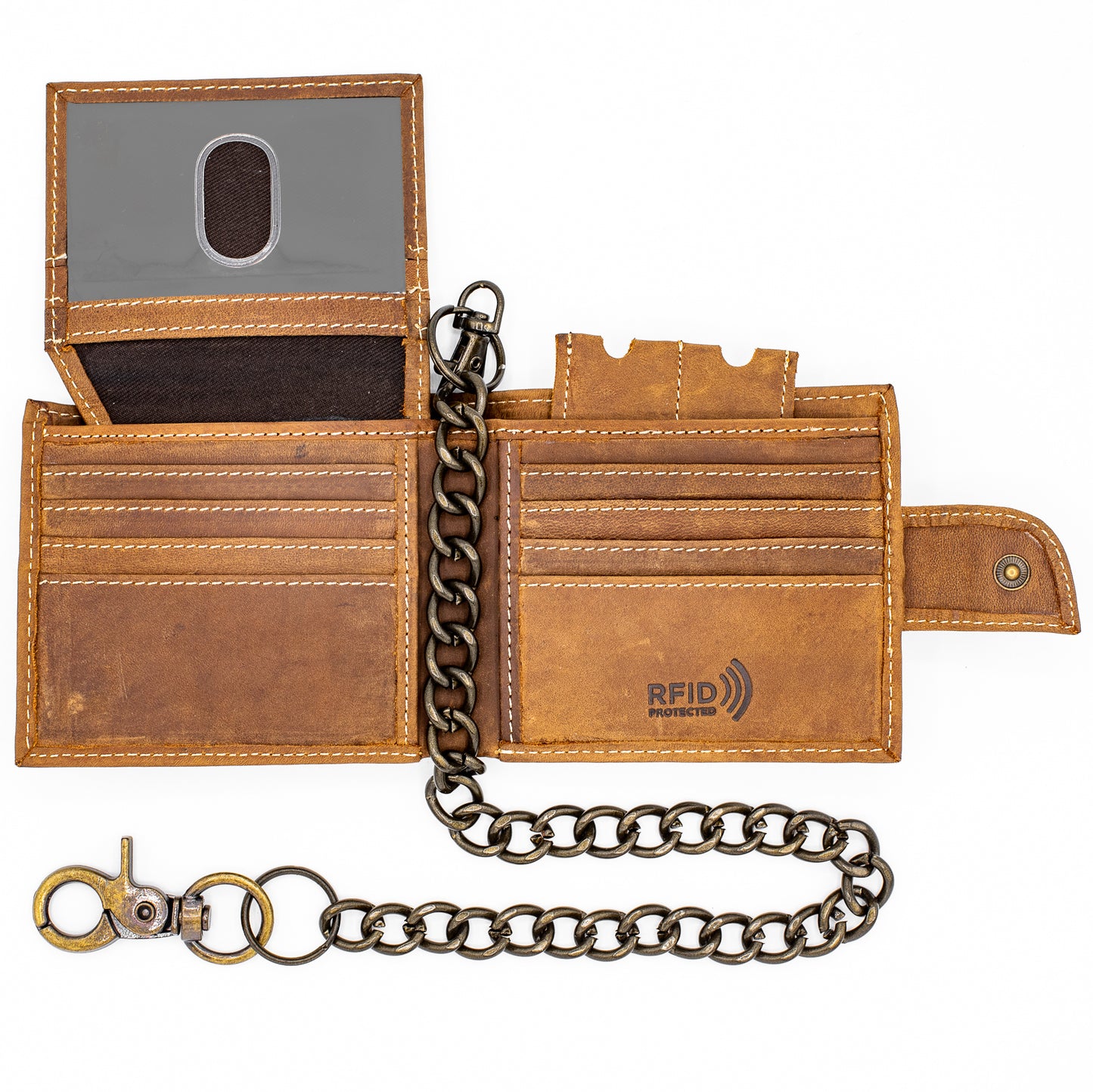 Leather Bifold Chain Wallet With Popper closure