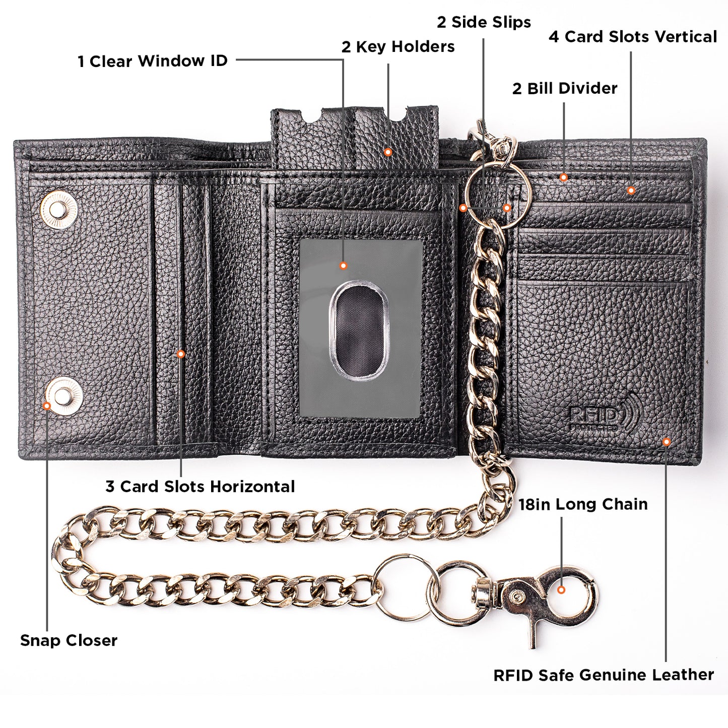 Chain Wallet for Men Trifold RFID safe Leather Snap Closed Stainless Biker Chain 18'inch Long