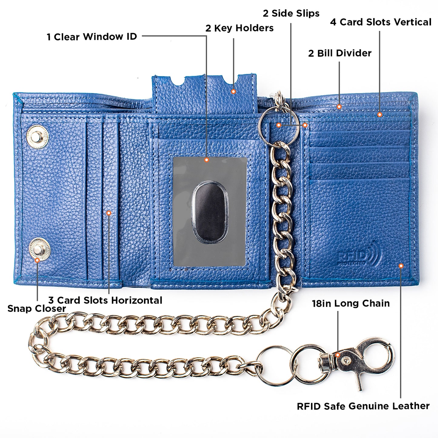 Chain Wallet for Men Trifold RFID safe Leather Snap Closed Stainless Biker Chain 18'inch Long