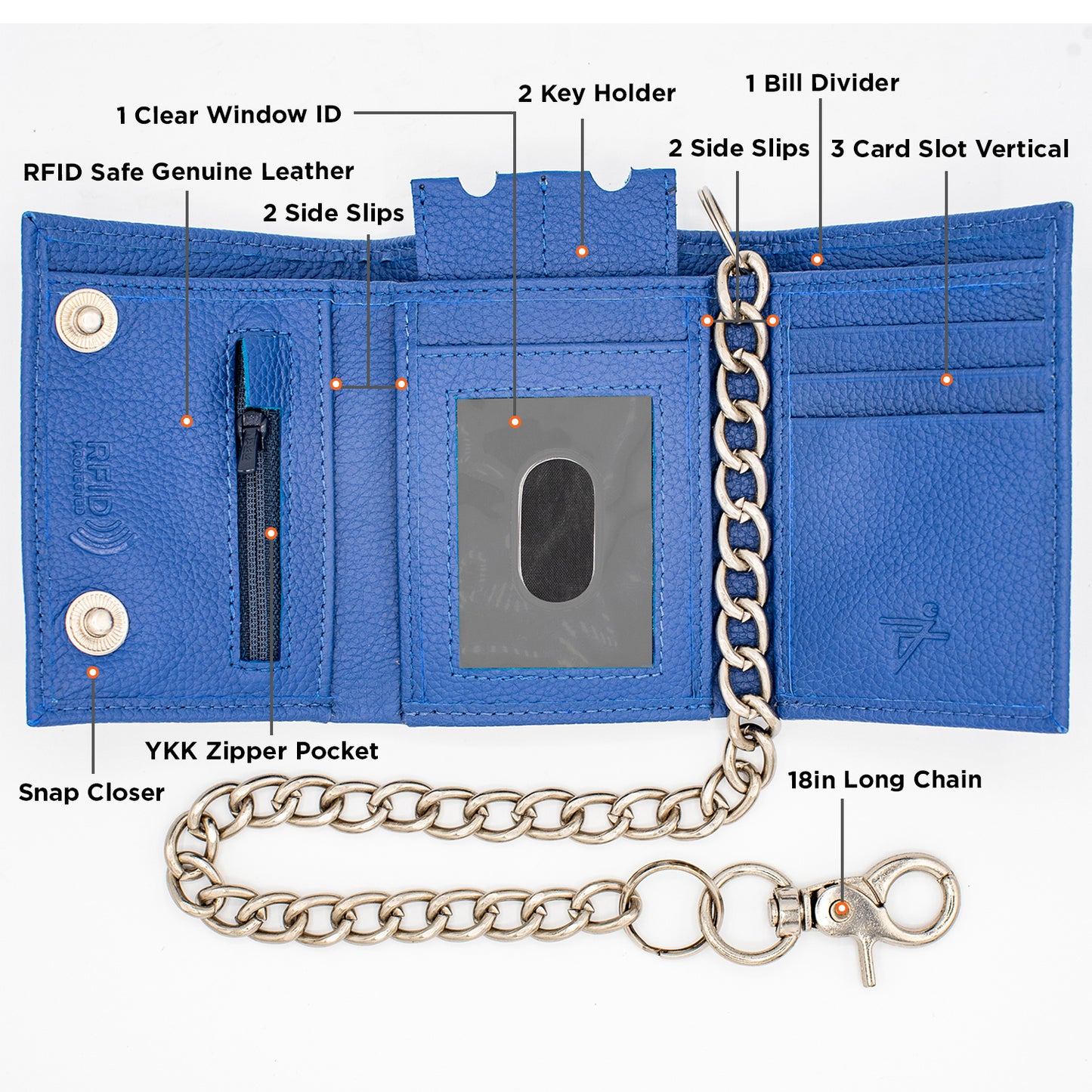 Trifold Chain Wallet with Snaps RFID Leather Wallet