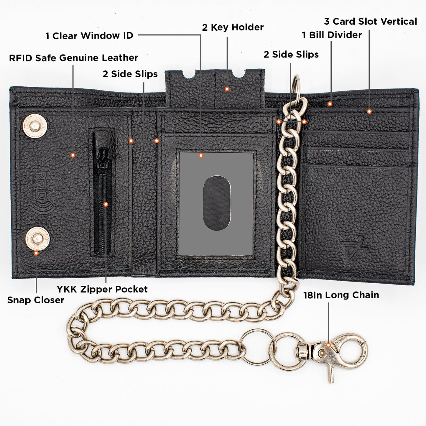 Trifold Chain Wallet with Snaps RFID Leather Wallet