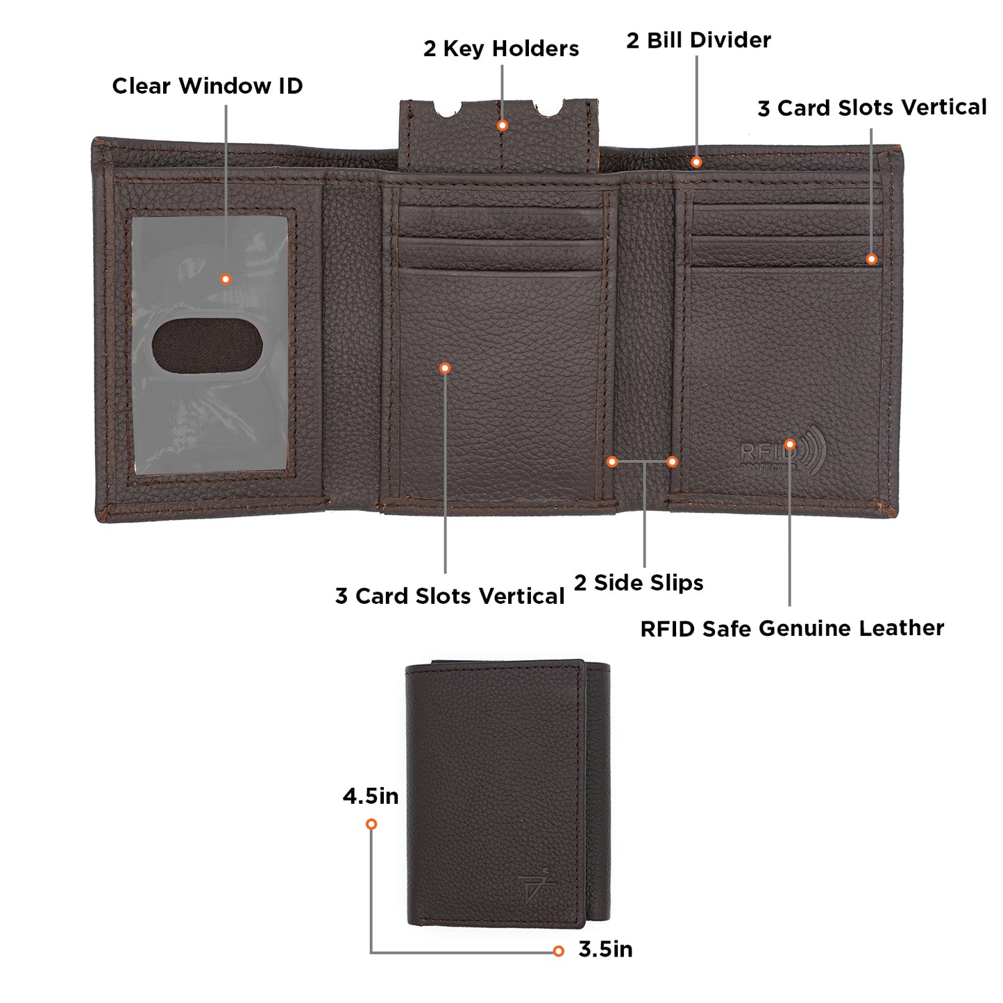 Tri-Fold Leather Wallet For Men RFID Signal Blocking