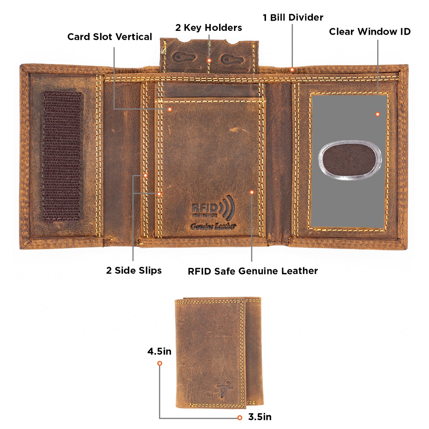 RFID Safe Leather Tri-Fold Wallet  Velcro Close