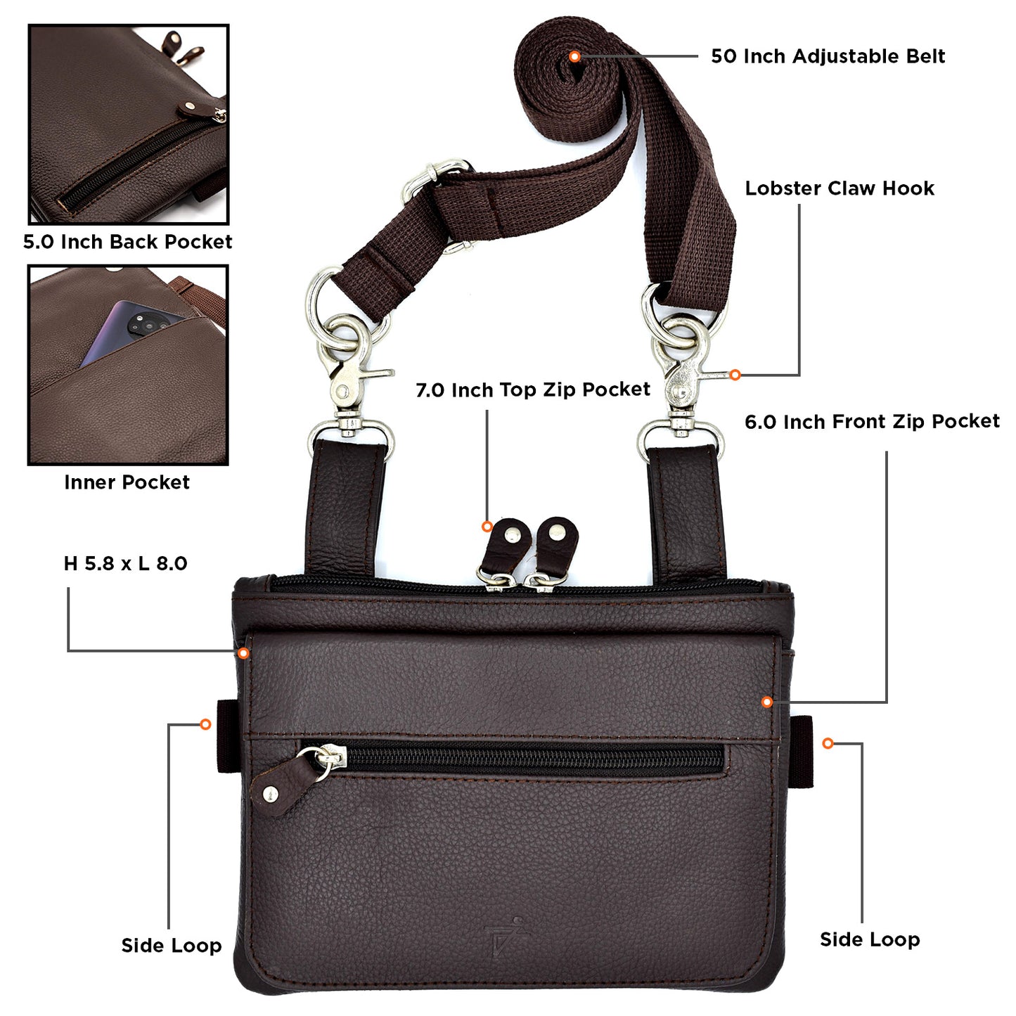Genuine Leather Clip-On Pouch Crossbody Bag for Men Women