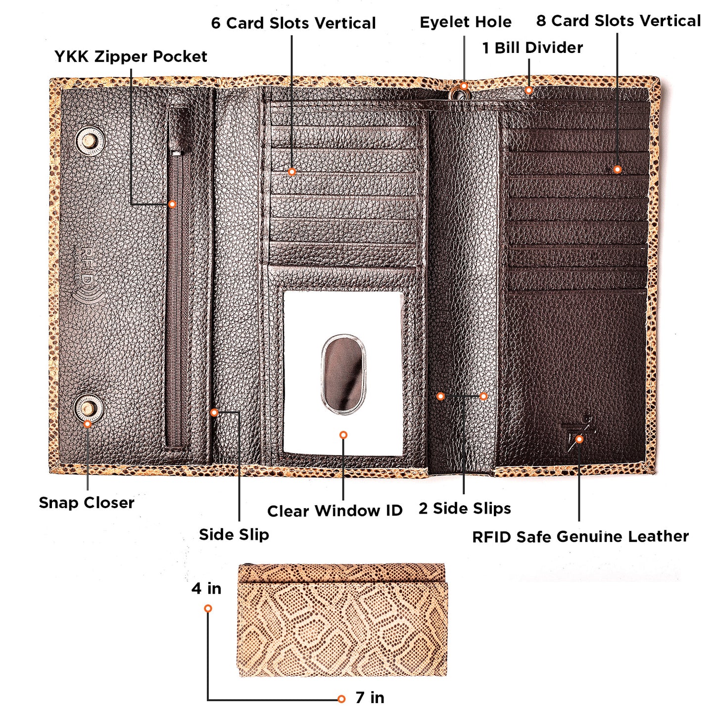 RFID Long Tri-fold Leather Wallet Snap Closer Cobra Brown