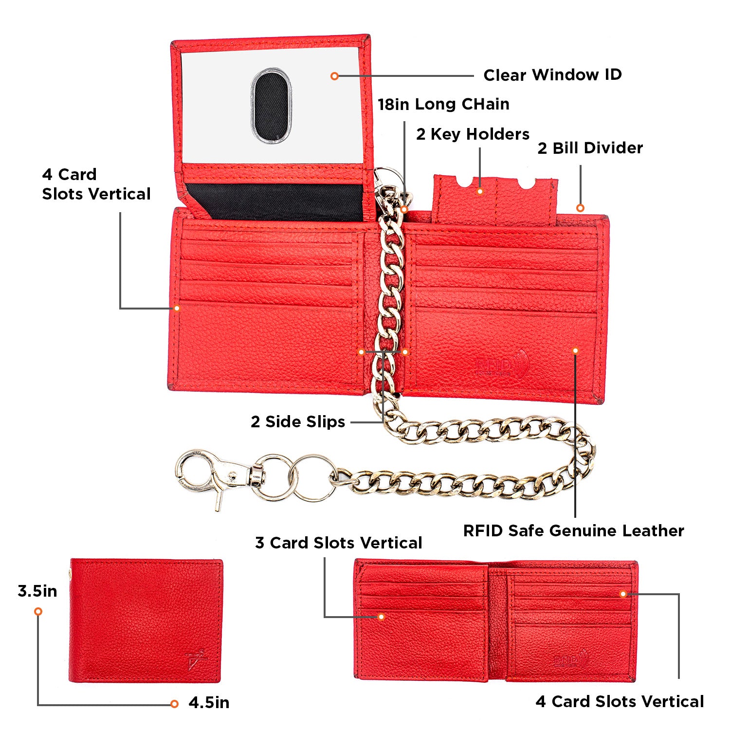 Red Leather Bifold Wallet for Men – Chain Style
