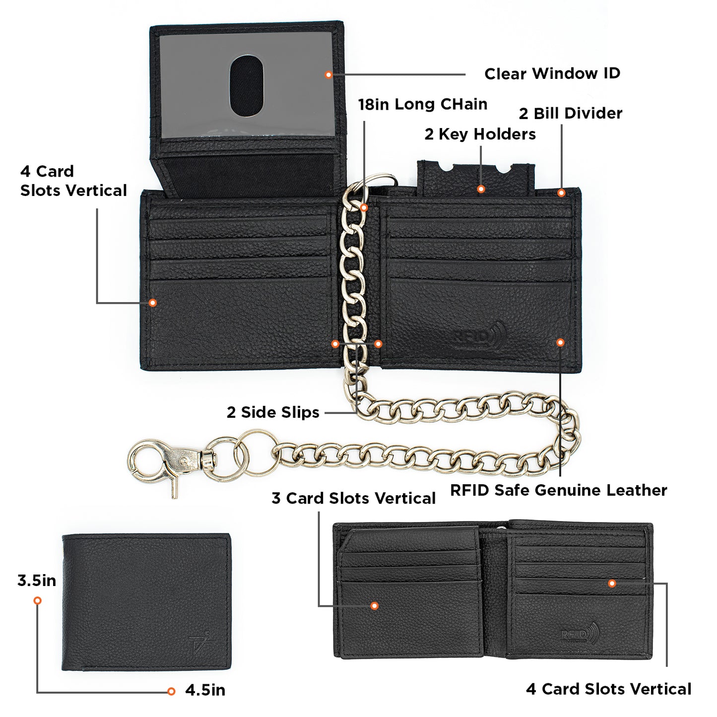 Biker Chain Wallet  for men with Flip up ID RFID Leather