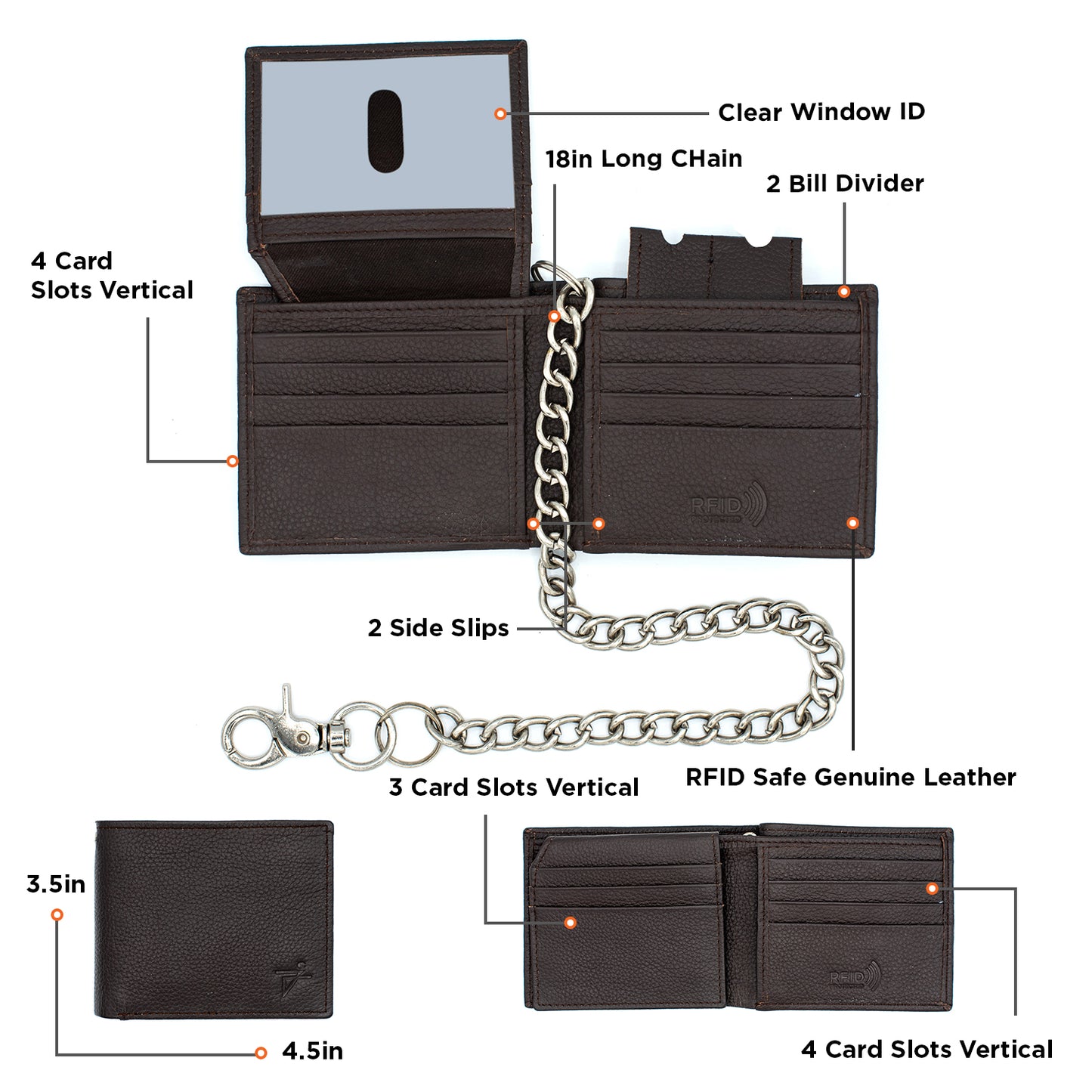 Biker Chain Wallet  for men with Flip up ID RFID Leather