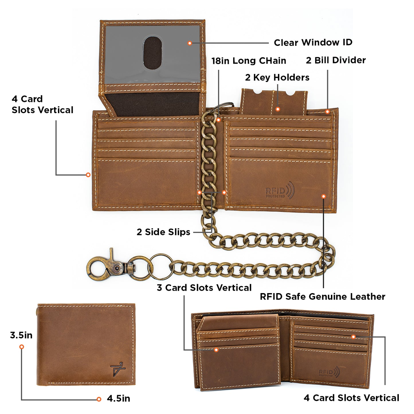 Biker Chain Wallet  for men with Flip up ID RFID Leather
