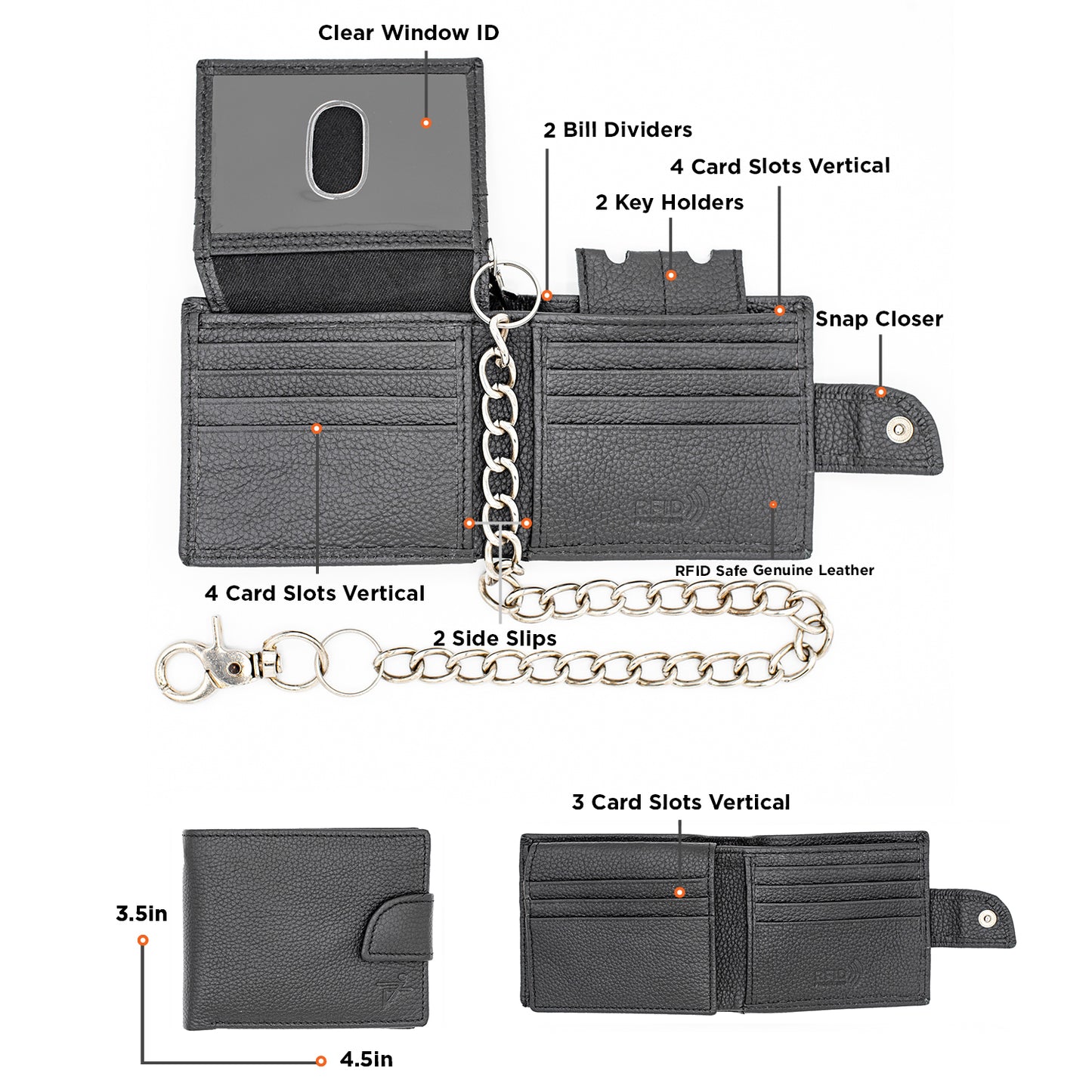 Leather Bifold Chain Wallet With Popper closure