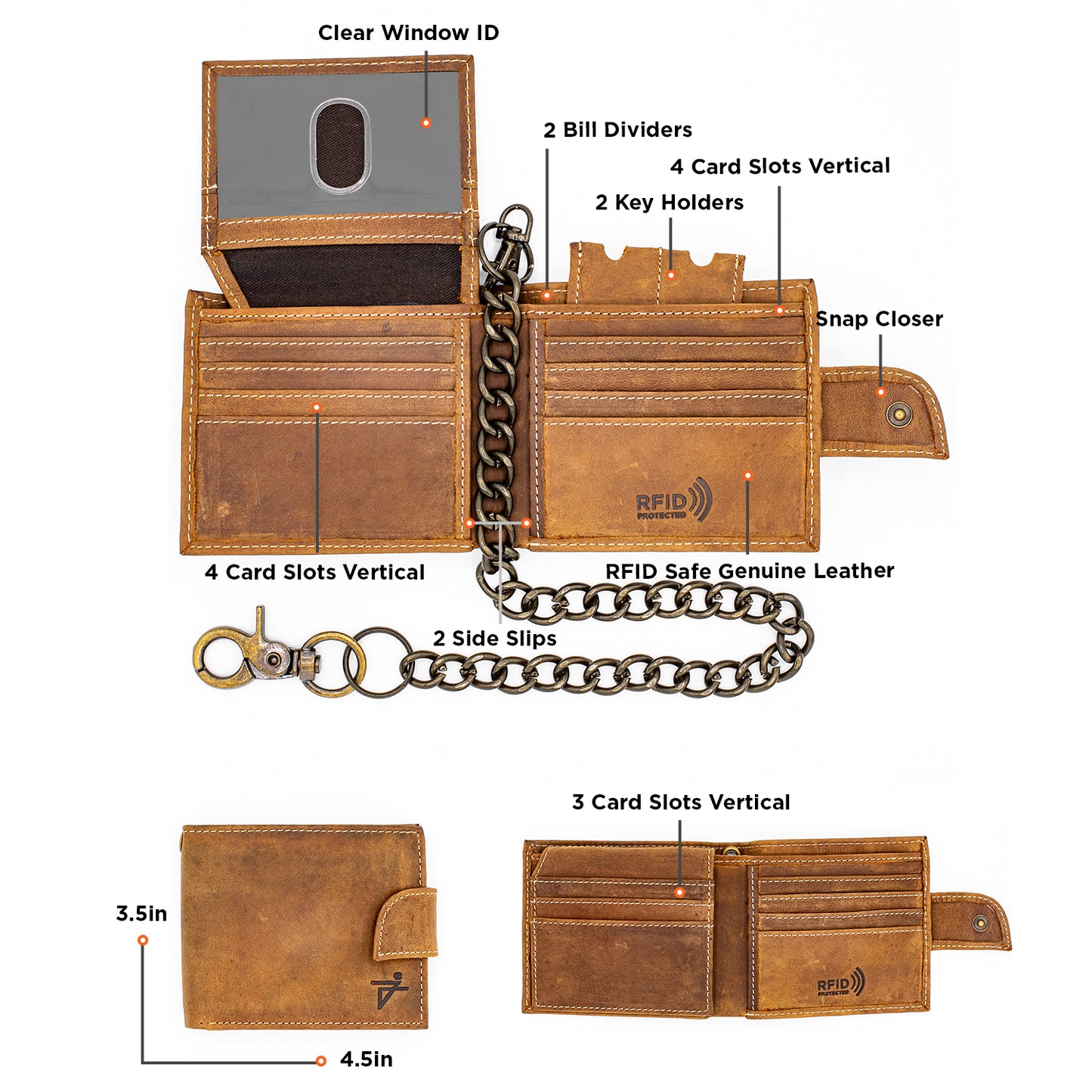 Leather Bifold Chain Wallet With Popper closure