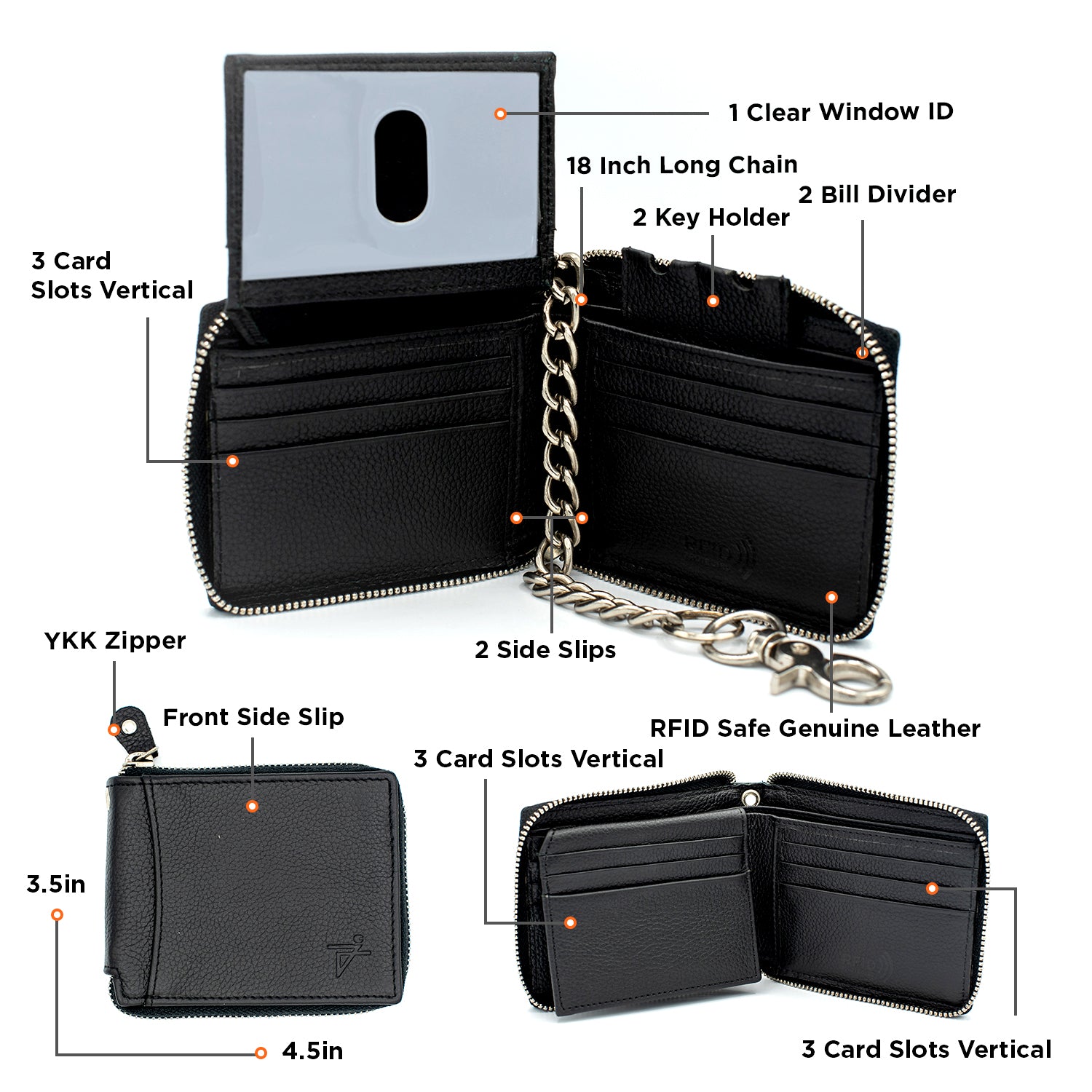 Zip Around chain Wallet for Men RFID Leather  Bifold