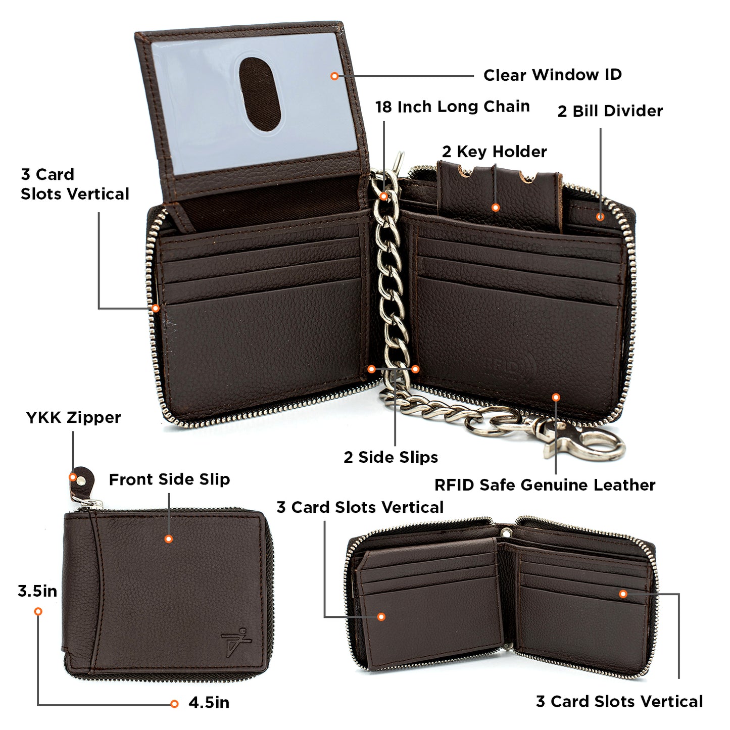 Zip Around chain Wallet for Men RFID Leather  Bifold