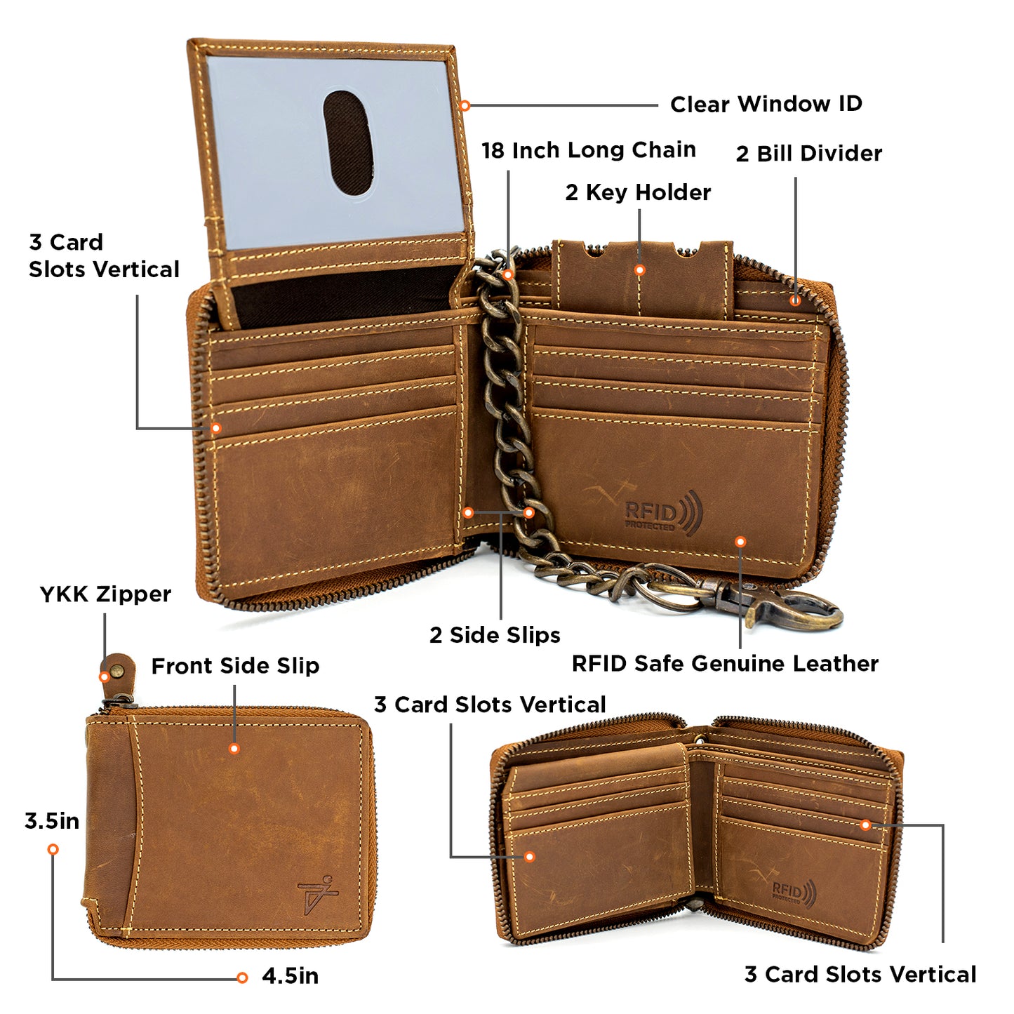 Zip Around chain Wallet for Men RFID Leather  Bifold