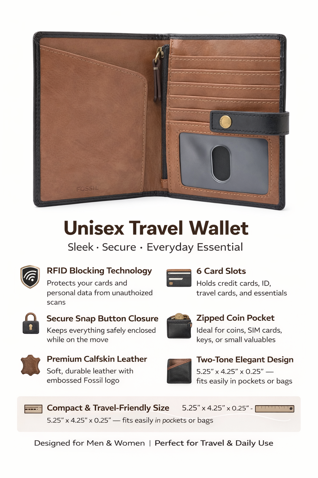 Fossil Raul Leather Wallet Passport Case SML1825001 RFID Safe