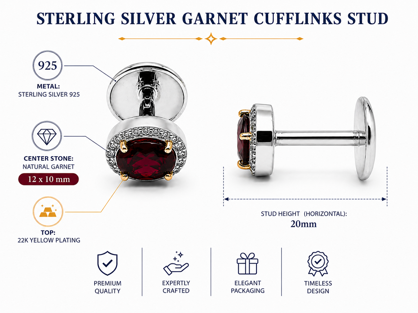 Men Cufflinks Studs 2 Pcs Set Natural Stone Agate Blue Topaz Pari dot, Garnet Gold Plated Formal Cufflinks
