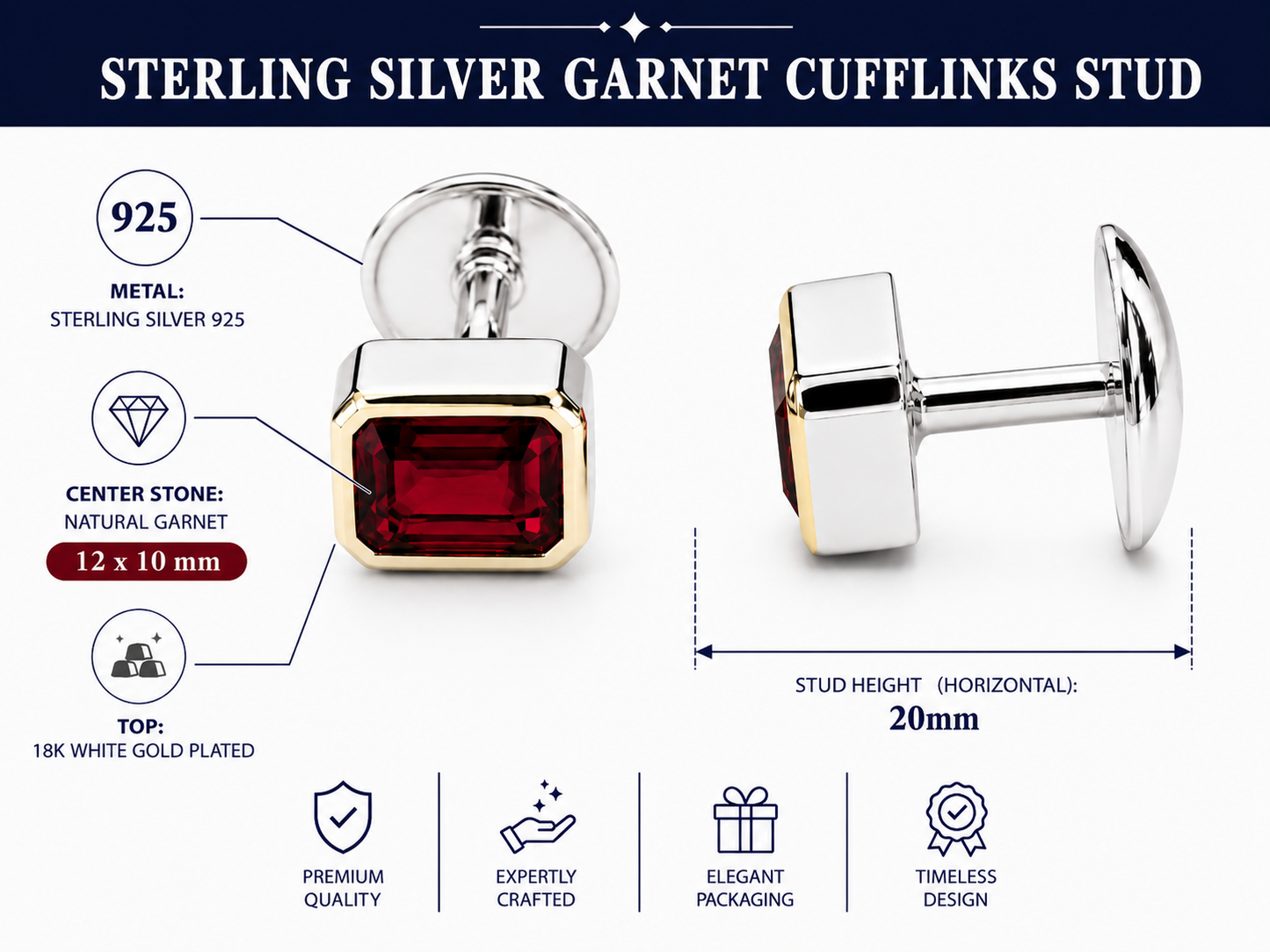 Natural Stone Cufflinks Studs 2pcs set  – 18K White Gold Plated