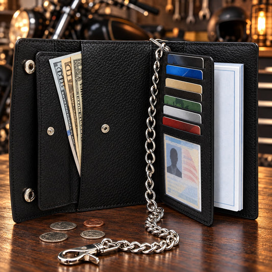 Men’s Genuine Leather Tri-Fold Checkbook Wallet with RFID Protection & Chain