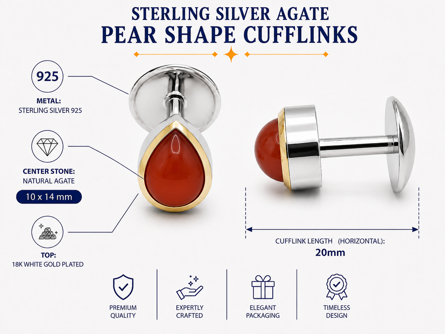 Natural Stone Pear Shape Cufflinks – 18K White Gold Plated