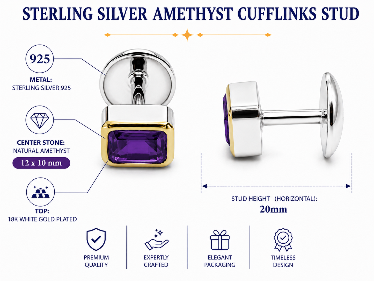 Natural Stone Cufflinks Studs 2pcs set  – 18K White Gold Plated