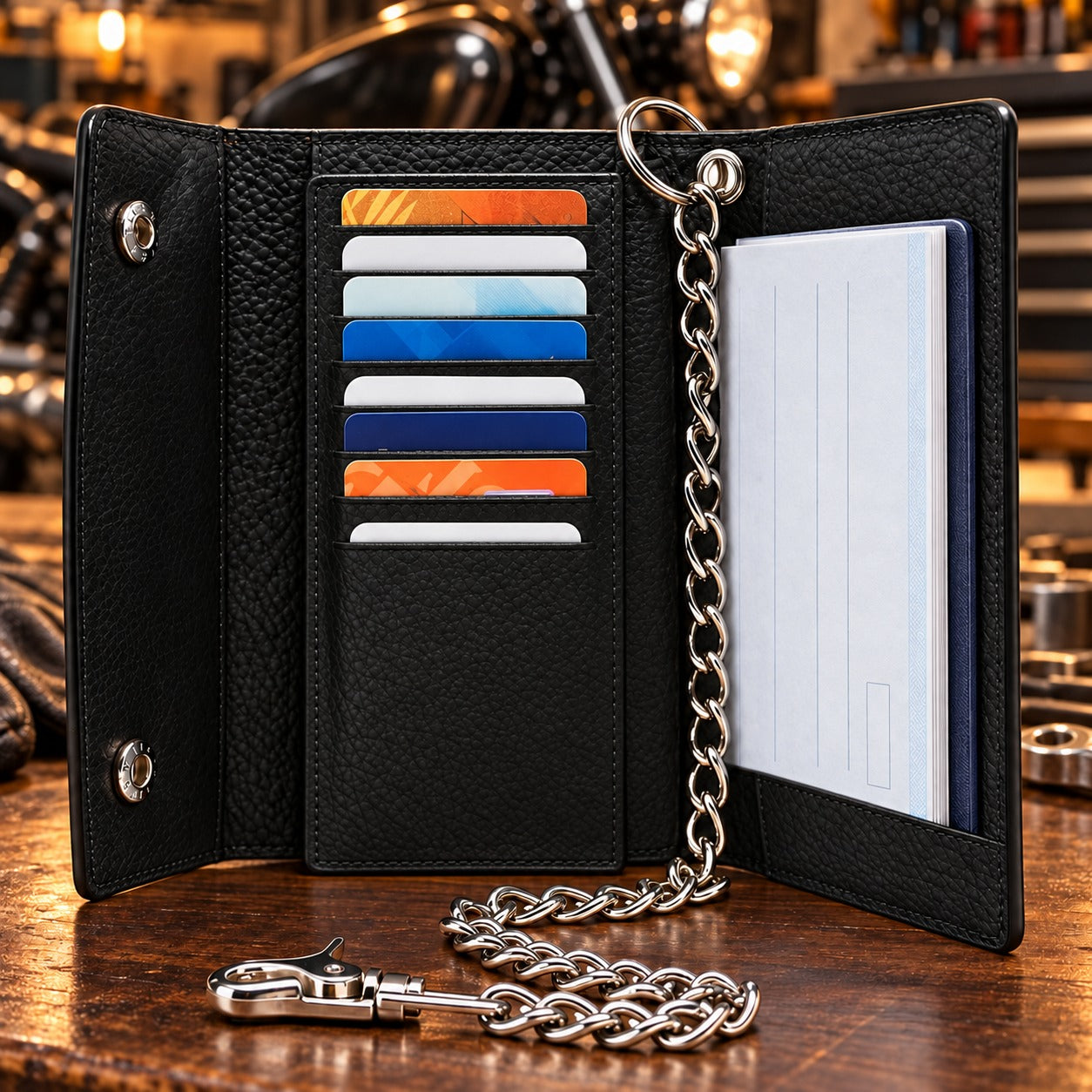 Men’s Genuine Leather Tri-Fold Checkbook Wallet with RFID Protection & Chain