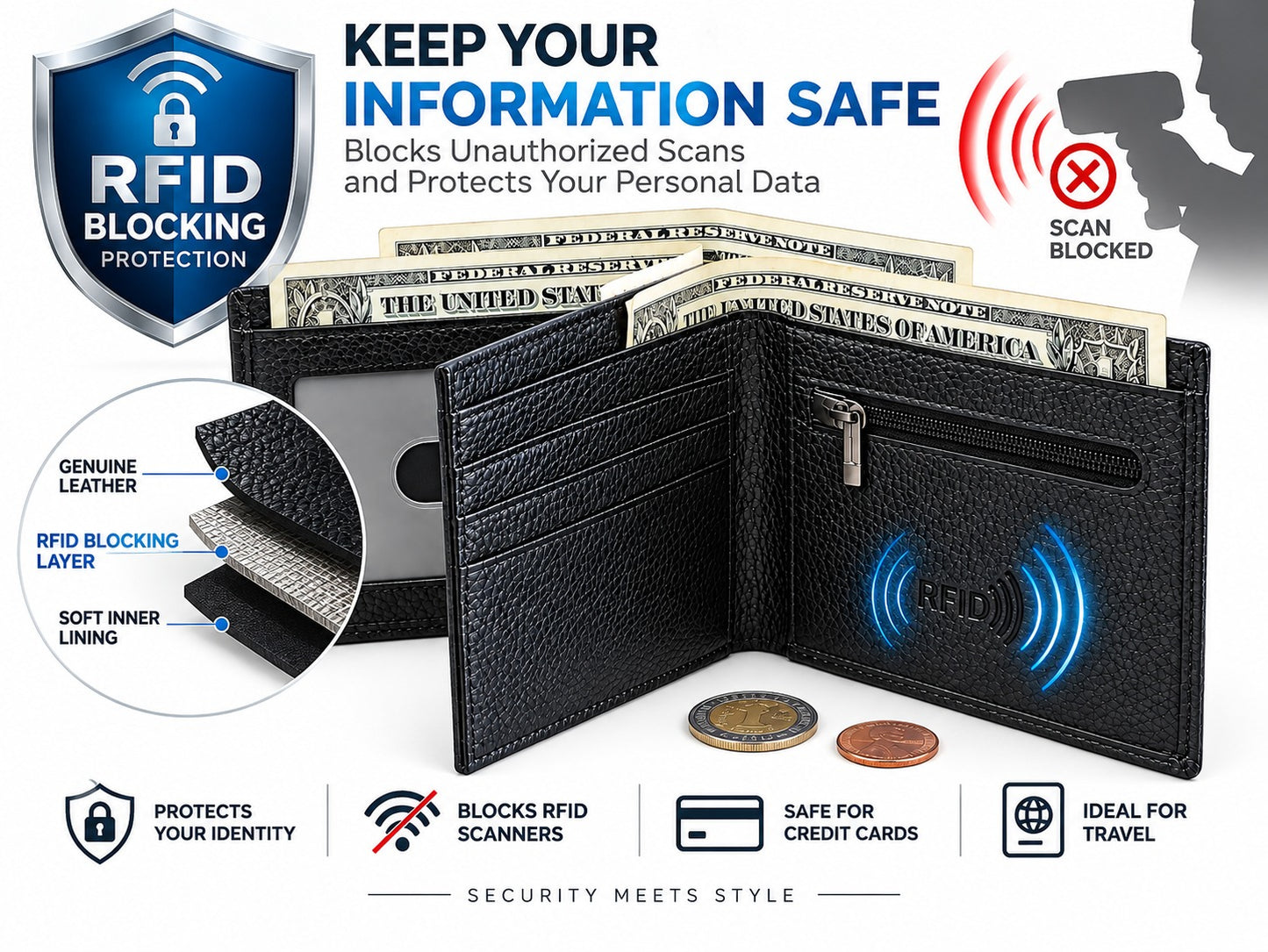 Bifold Leather Wallet RFID with ID Window & Coin Pocket
