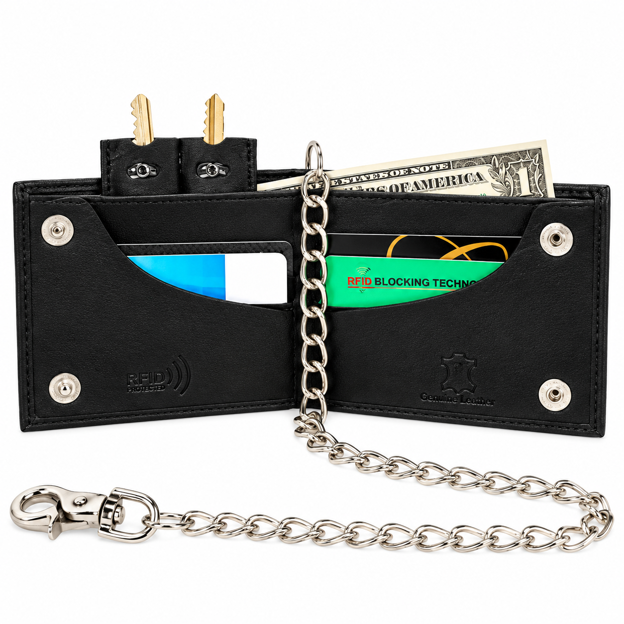 RFID Safe Chain Wallet for Men Bifold with Snaps