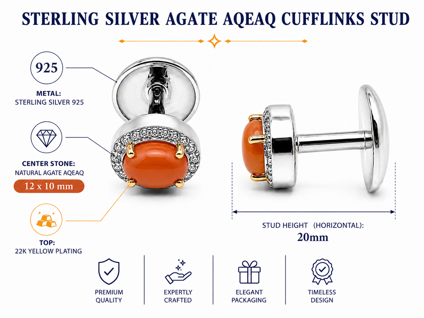 Men Cufflinks Studs 2 Pcs Set Natural Stone Agate Blue Topaz Pari dot, Garnet Gold Plated Formal Cufflinks