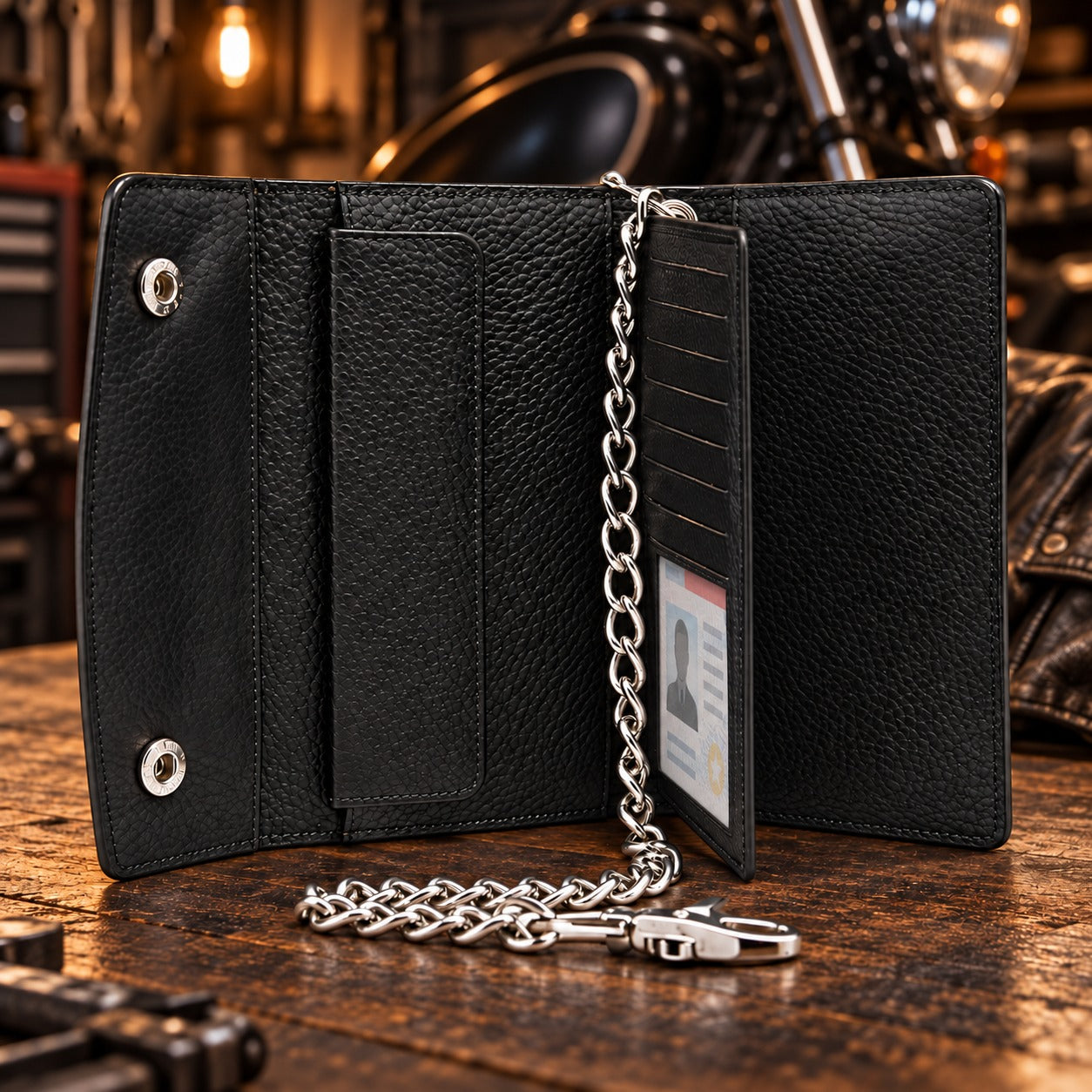 Men’s Genuine Leather Tri-Fold Checkbook Wallet with RFID Protection & Chain