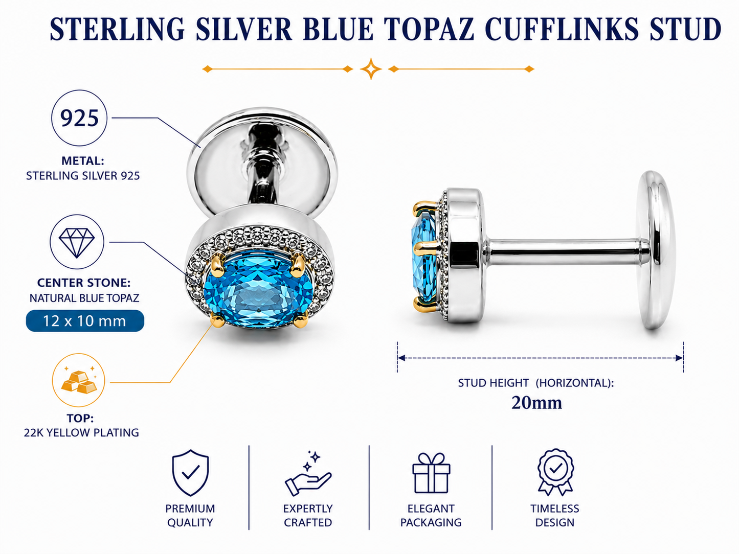 Men Cufflinks Studs 2 Pcs Set Natural Stone Agate Blue Topaz Pari dot, Garnet Gold Plated Formal Cufflinks