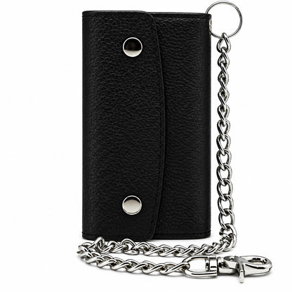 Men’s Genuine Leather Tri-Fold Checkbook Wallet with RFID Protection & Chain