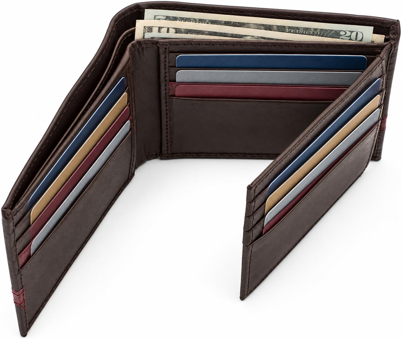 Men’s Genuine Leather Bifold Wallet with RFID Protection & Red Stripe Trim