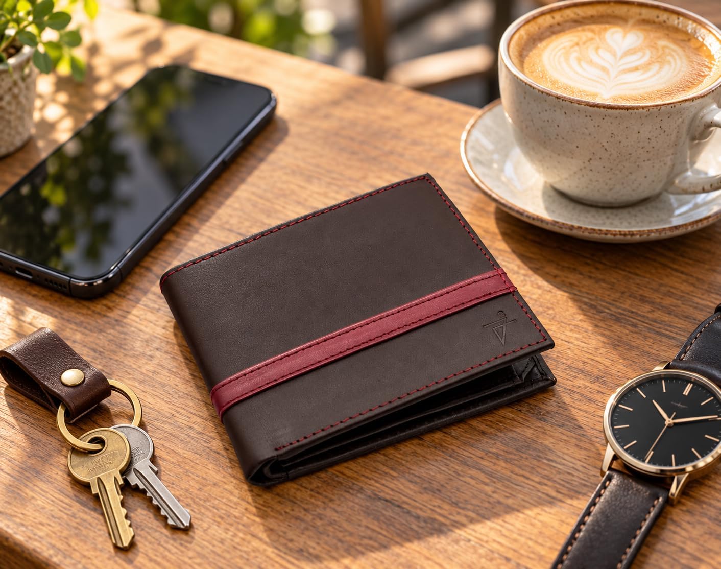 Men’s Genuine Leather Bifold Wallet with RFID Protection & Red Stripe Trim