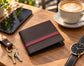 Men’s Genuine Leather Bifold Wallet with RFID Protection & Red Stripe Trim